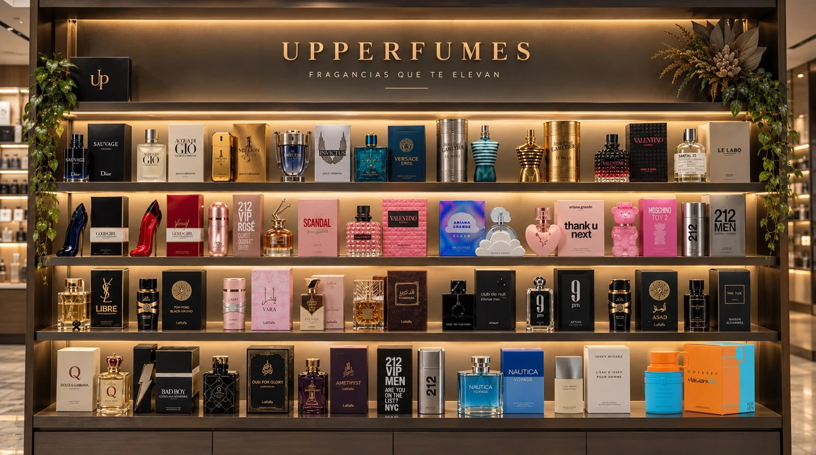 Estantería iluminada de Upperfumes con perfumes de diseñador y árabes